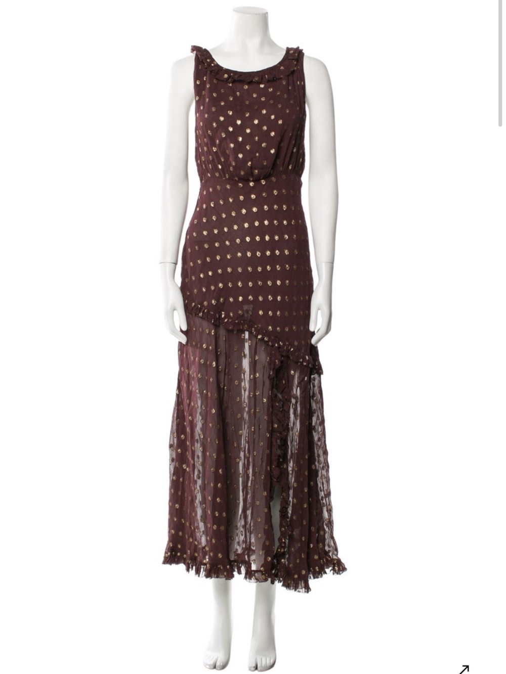RIXO Brown Maxi Dress with Gold Polka Dots